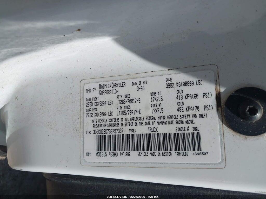3D3KU28D73G797337 2003 DODGE RAM 2500 photo no. 9