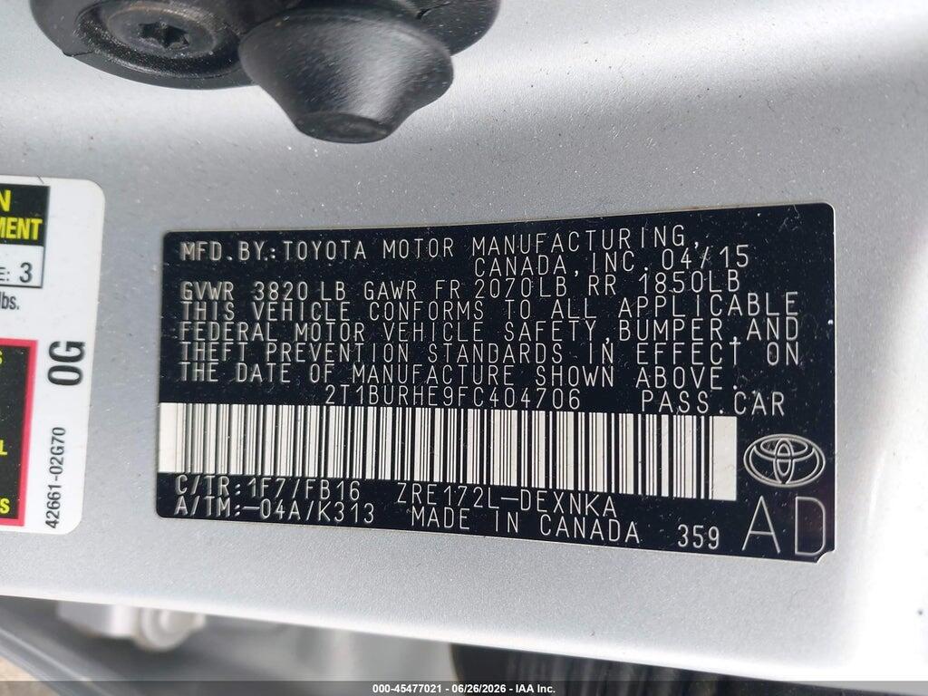 2T1BURHE9FC404706 2015 TOYOTA COROLLA photo no. 9
