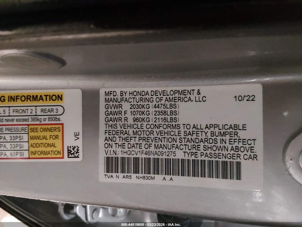 1HGCV1F46NA091275 2022 HONDA ACCORD photo no. 9