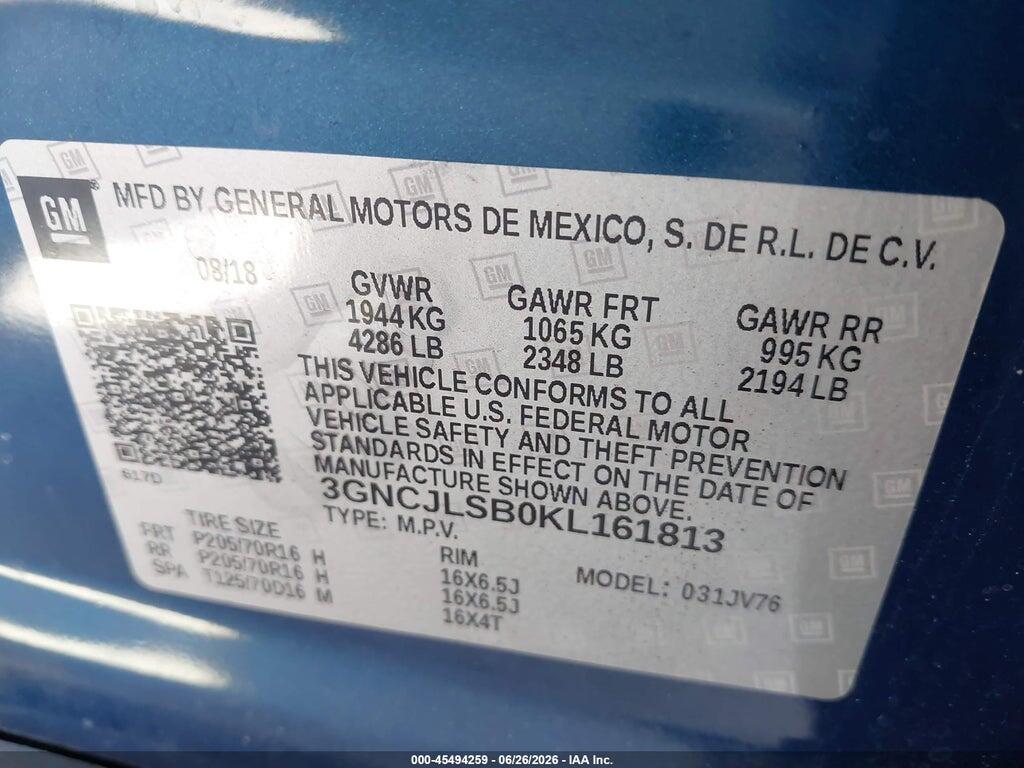 3GNCJLSB0KL161813 2019 CHEVROLET TRAX photo no. 9