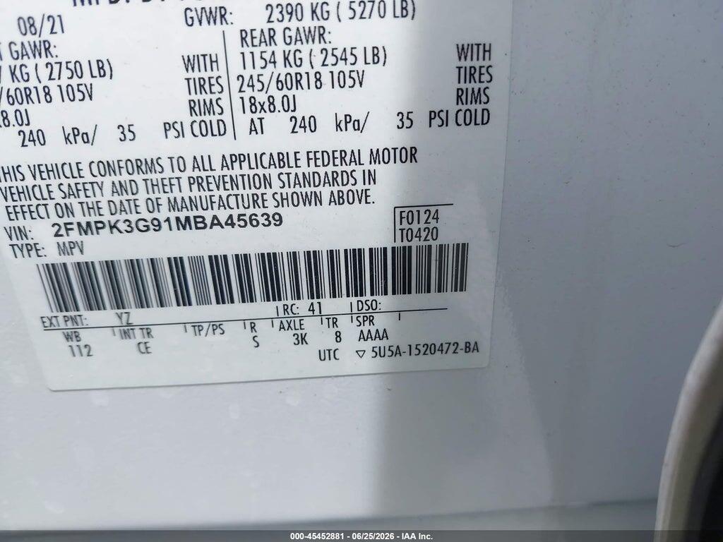 2FMPK3G91MBA45639 2021 FORD EDGE photo no. 9