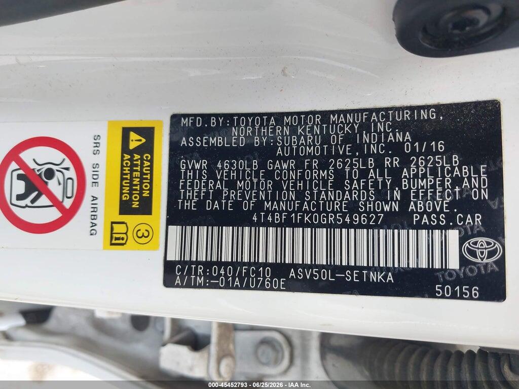 4T4BF1FK0GR549627 2016 TOYOTA CAMRY photo no. 9