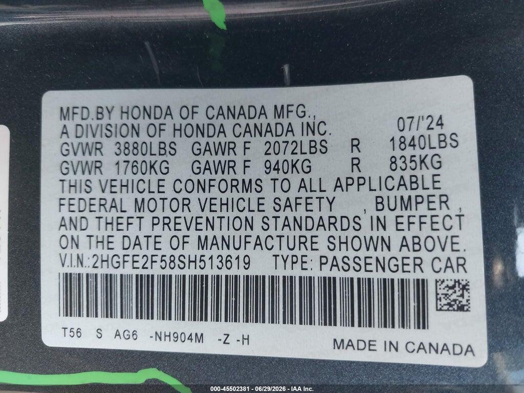 2HGFE2F58SH513619 2025 HONDA CIVIC photo no. 9