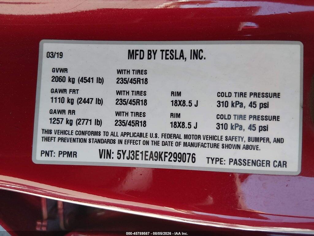 5YJ3E1EA9KF299076 2019 TESLA MODEL 3 photo no. 9