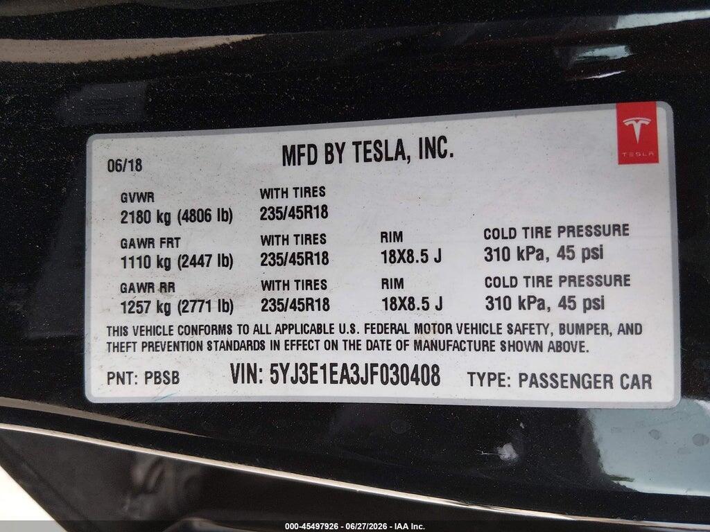5YJ3E1EA3JF030408 2018 TESLA MODEL 3 photo no. 9