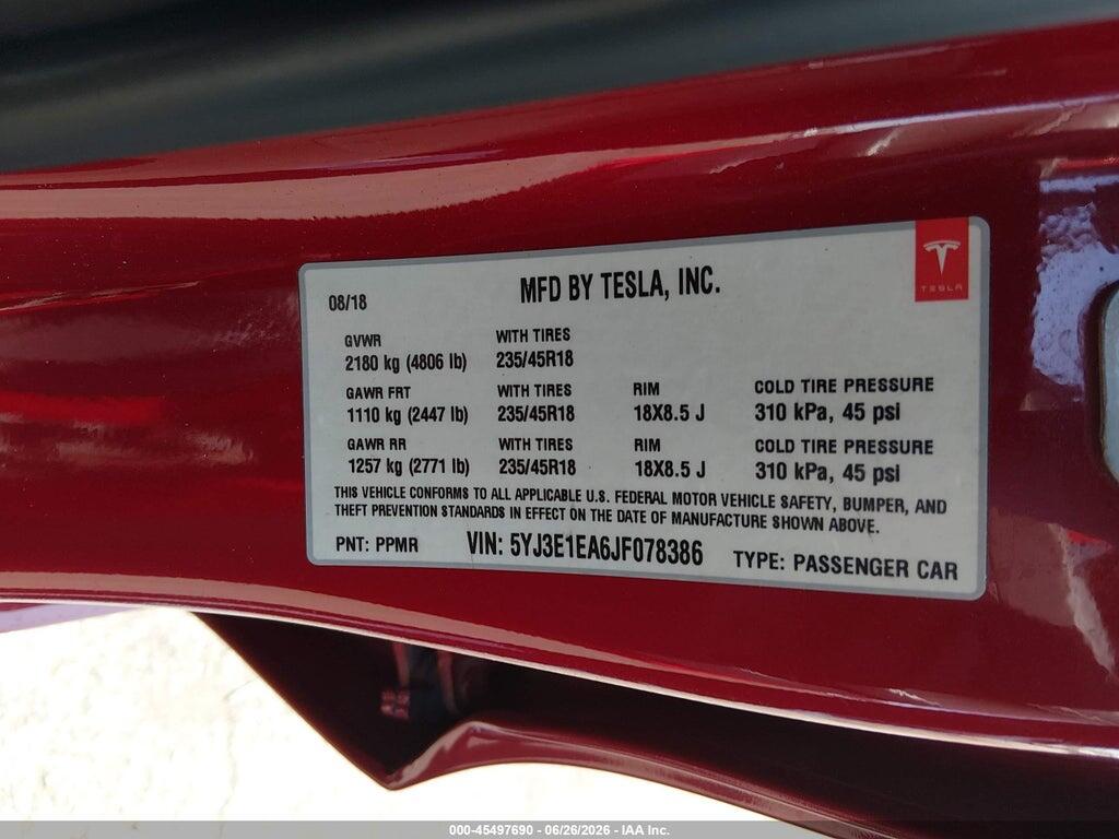5YJ3E1EA6JF078386 2018 TESLA MODEL 3 photo no. 9