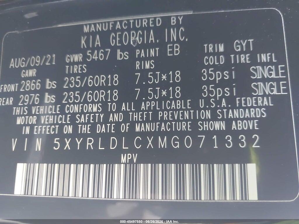5XYRLDLCXMG071332 2021 KIA SORENTO photo no. 9