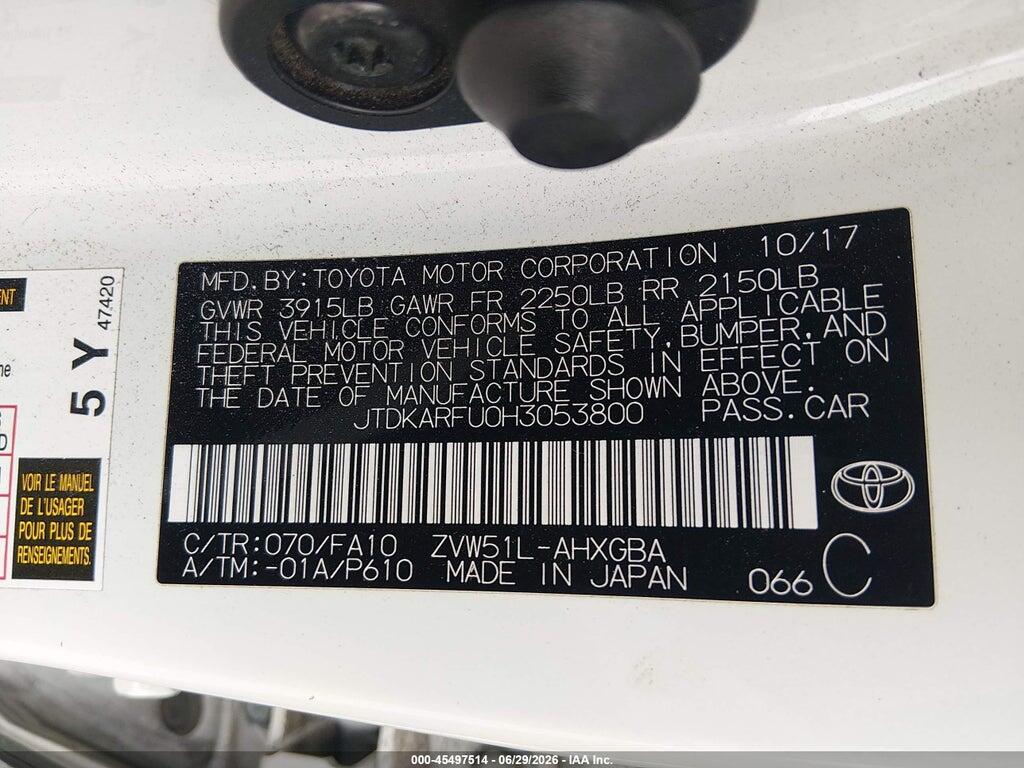 JTDKARFU0H3053800 2017 TOYOTA PRIUS photo no. 9