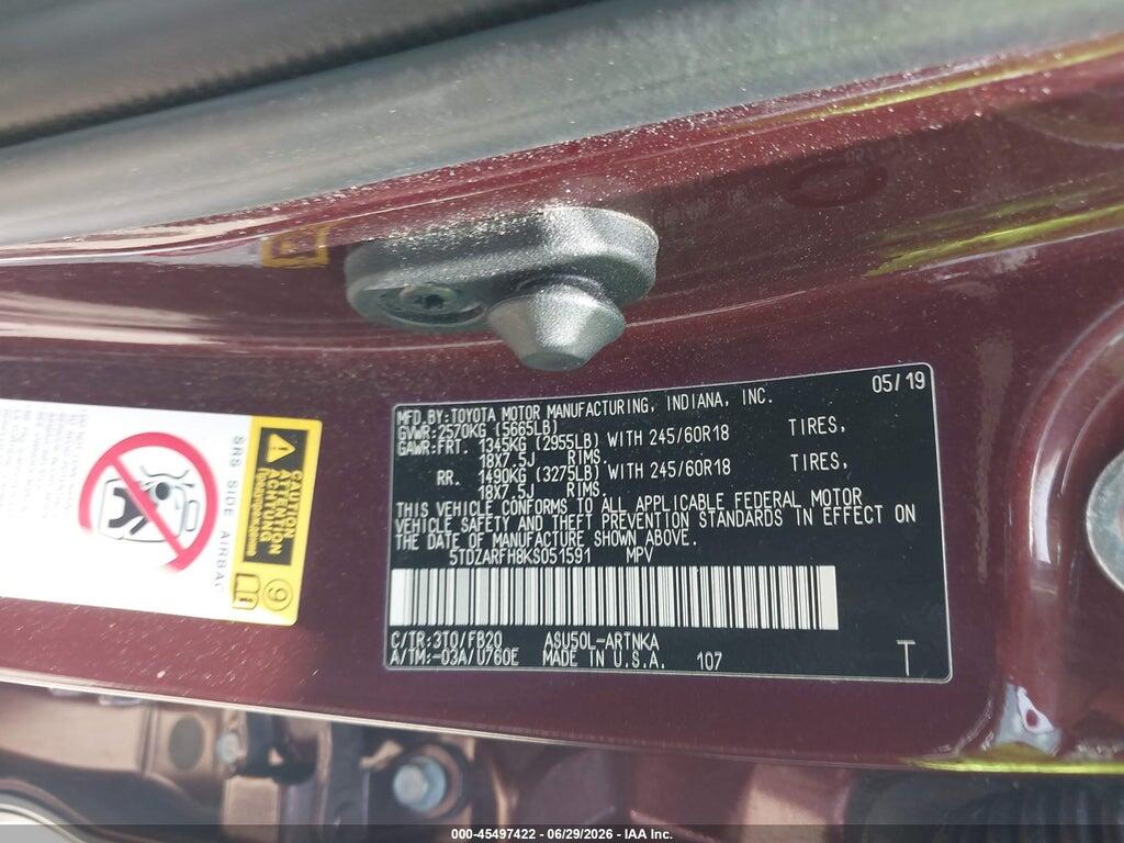 5TDZARFH8KS051591 2019 TOYOTA HIGHLANDER photo no. 9