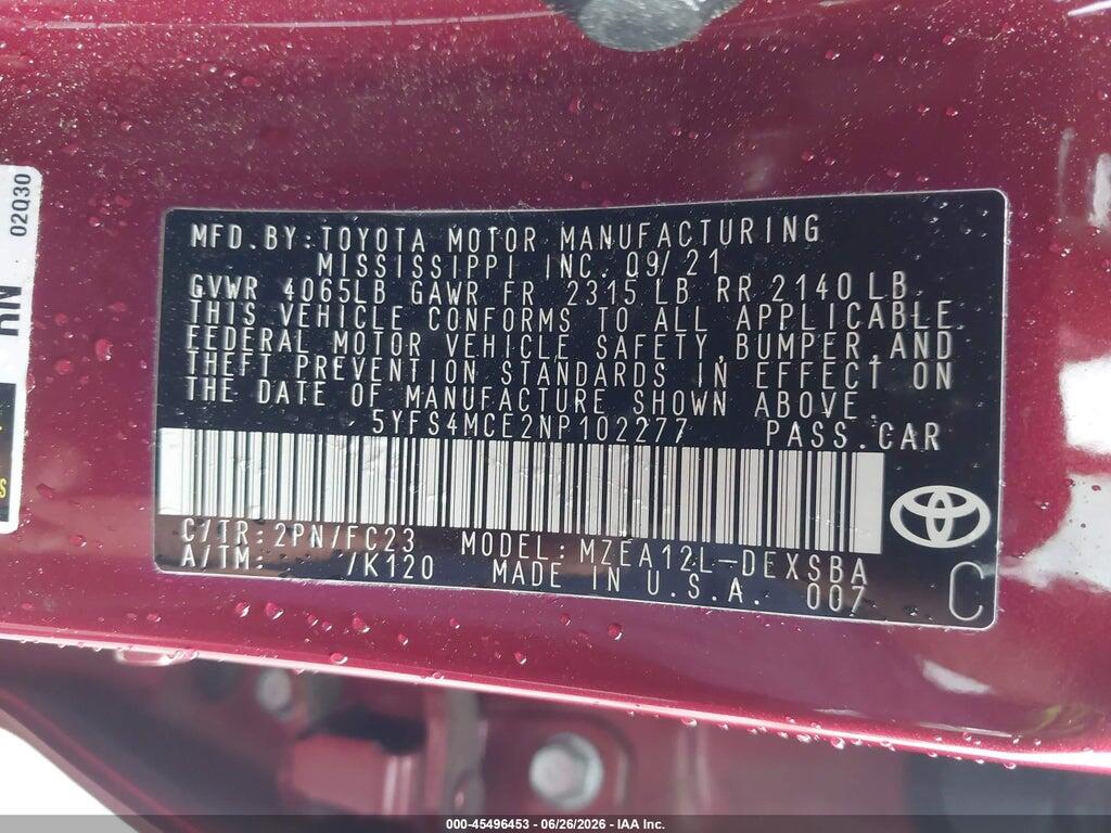 5YFS4MCE2NP102277 2022 TOYOTA COROLLA photo no. 9