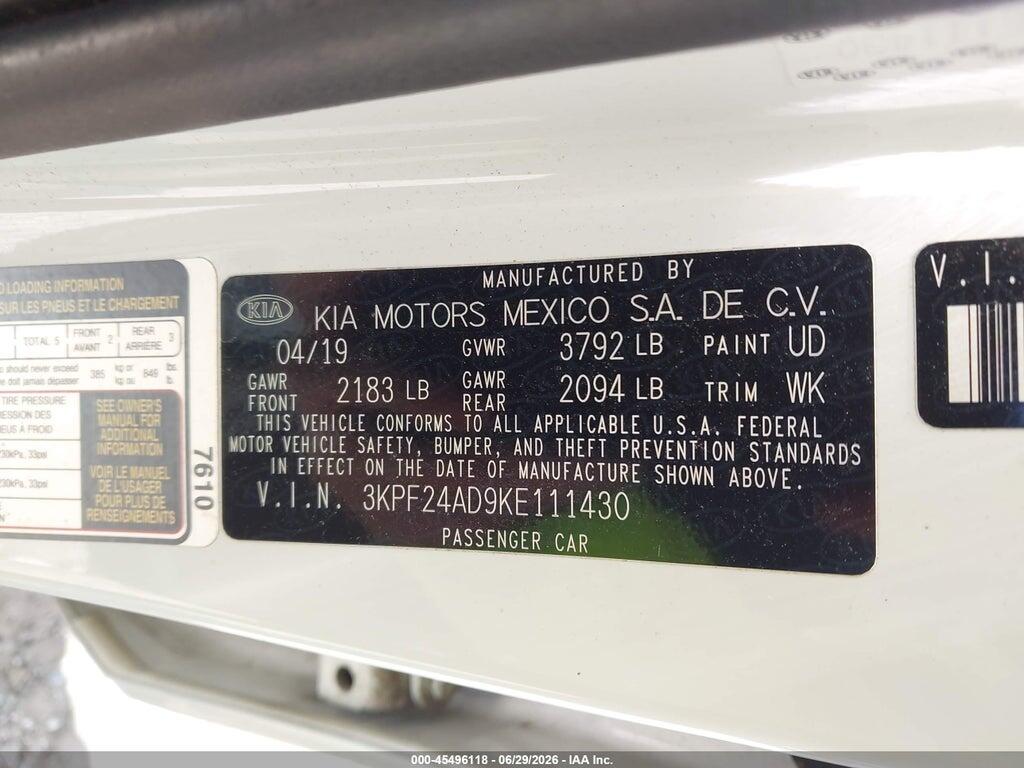 3KPF24AD9KE111430 2019 KIA FORTE photo no. 9