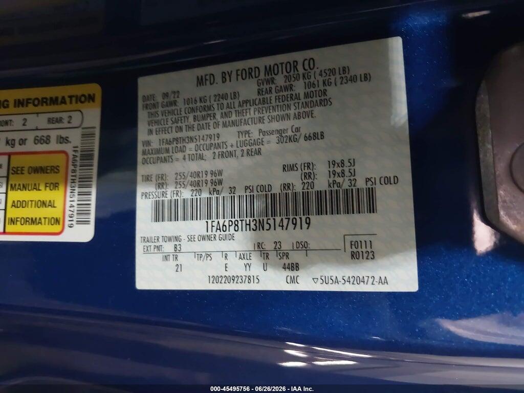 1FA6P8TH3N5147919 2022 FORD MUSTANG photo no. 9