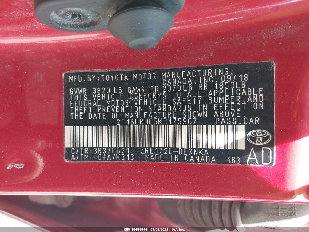 2T1BURHE5KC175967 2019 TOYOTA COROLLA photo no. 9