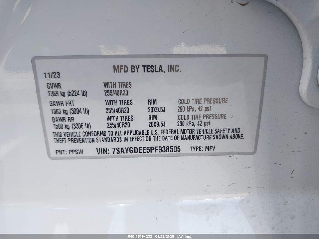 7SAYGDEE5PF938505 2023 TESLA MODEL Y photo no. 9