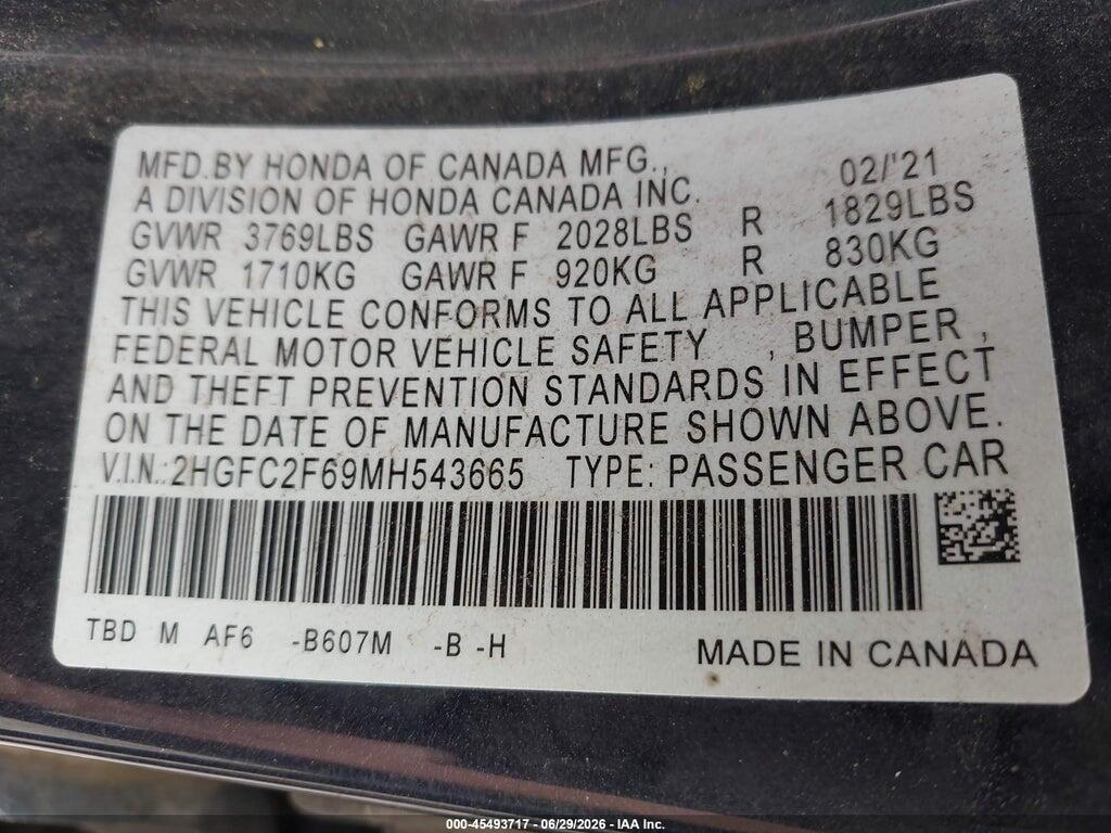 2HGFC2F69MH543665 2021 HONDA CIVIC photo no. 9