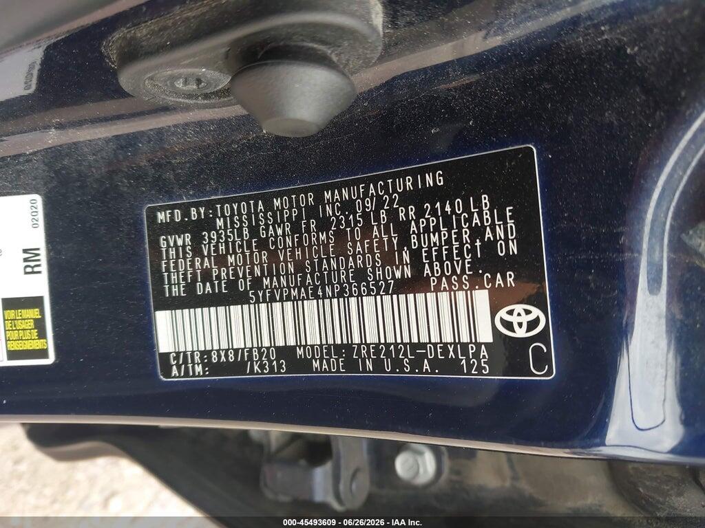5YFVPMAE4NP366527 2022 TOYOTA COROLLA photo no. 9