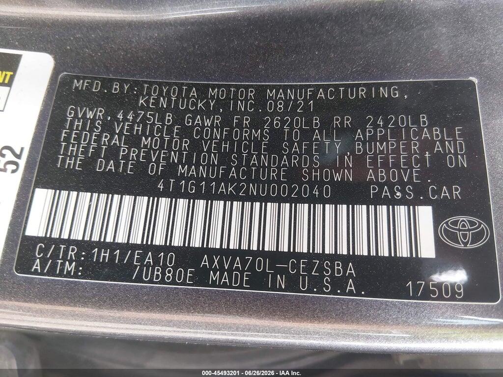 4T1G11AK2NU002040 2022 TOYOTA CAMRY photo no. 9