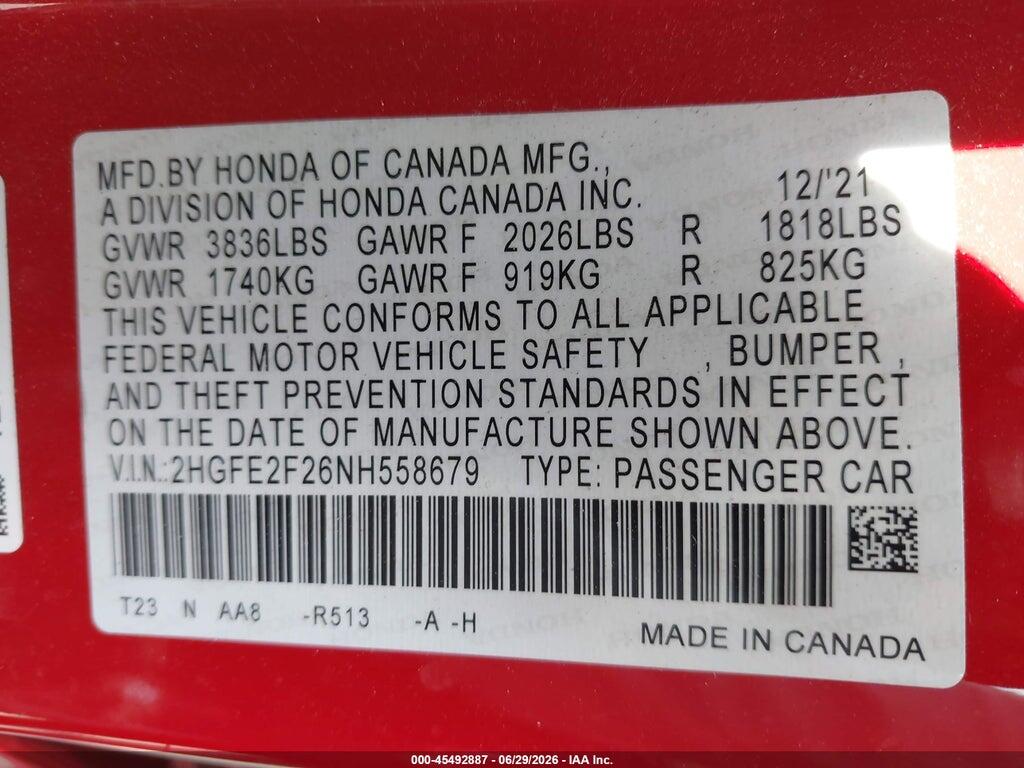 2HGFE2F26NH558679 2022 HONDA CIVIC photo no. 9