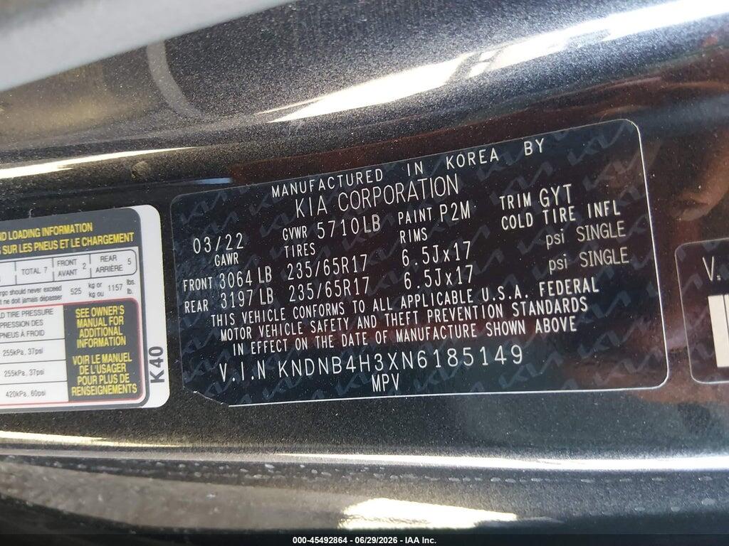 KNDNB4H3XN6185149 2022 KIA CARNIVAL MPV photo no. 9