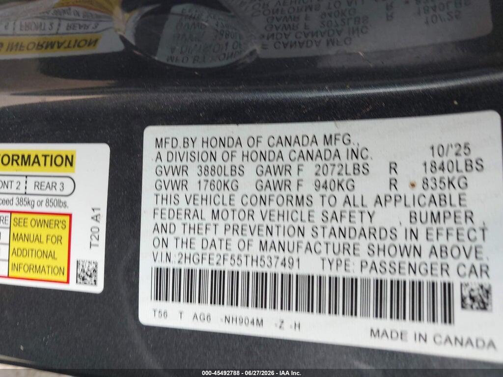 2HGFE2F55TH537491 2026 HONDA CIVIC photo no. 9