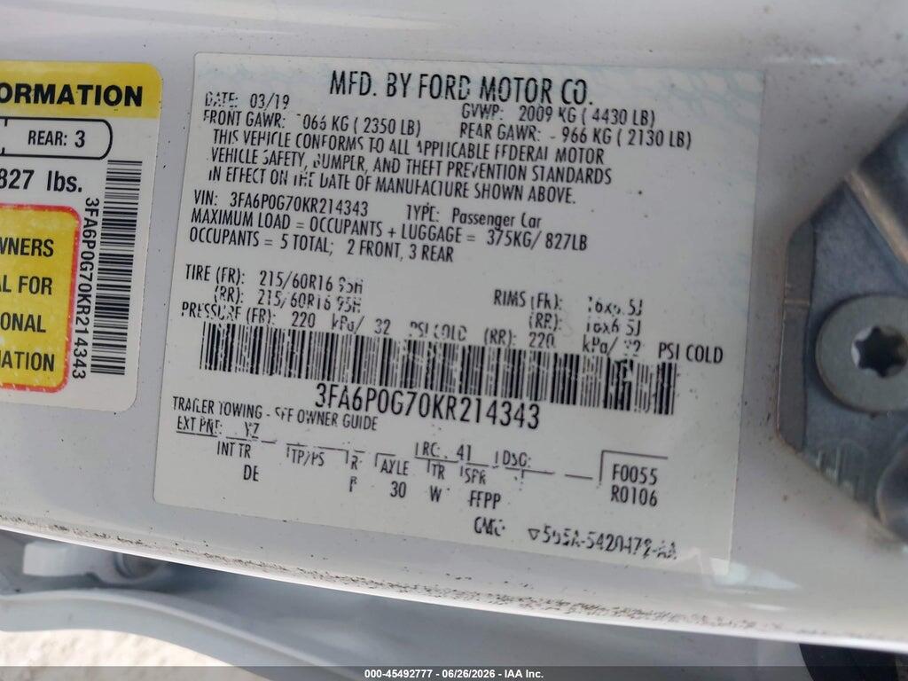 3FA6P0G70KR214343 2019 FORD FUSION photo no. 9