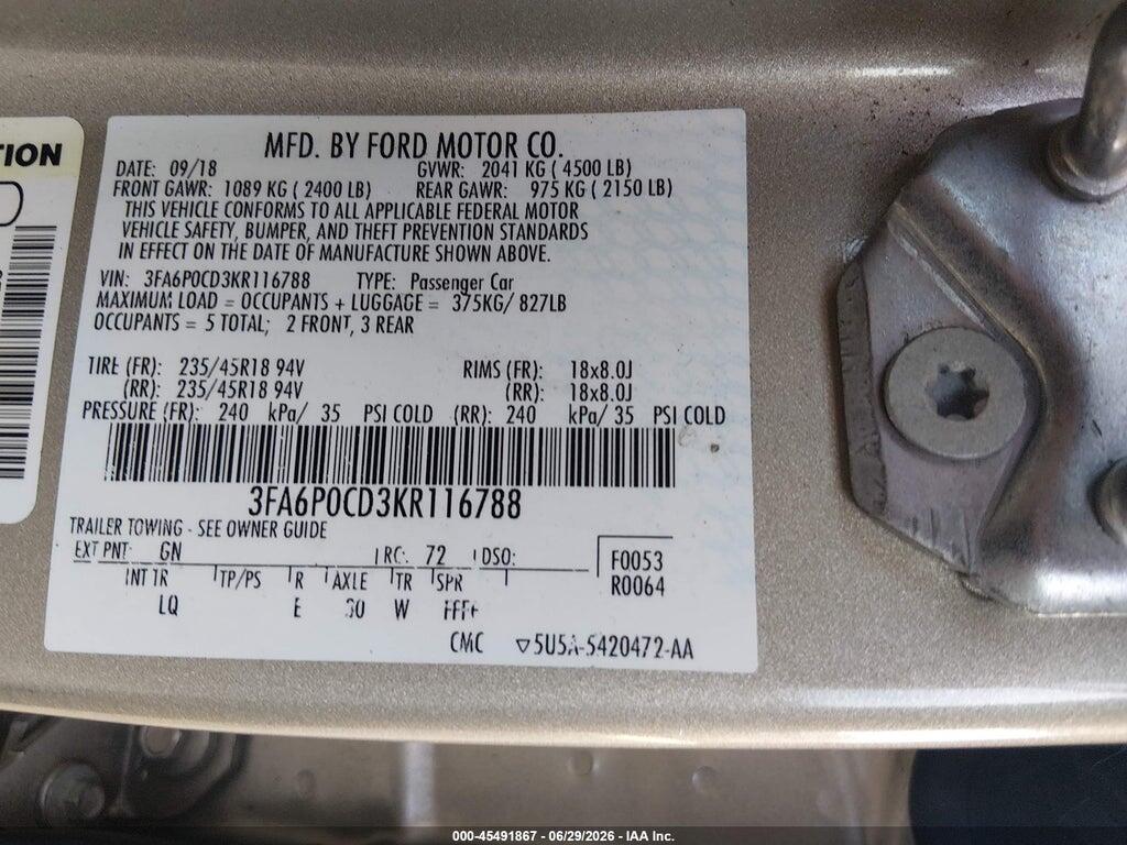 3FA6P0CD3KR116788 2019 FORD FUSION photo no. 9
