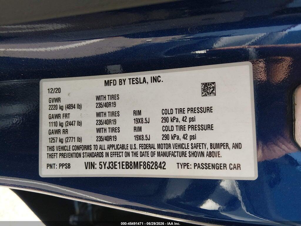 5YJ3E1EB8MF862842 2021 TESLA MODEL 3 photo no. 9