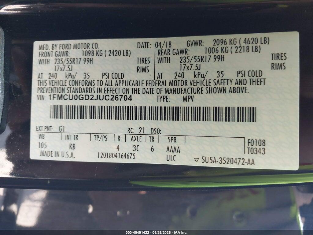 1FMCU0GD2JUC26704 2018 FORD ESCAPE photo no. 9