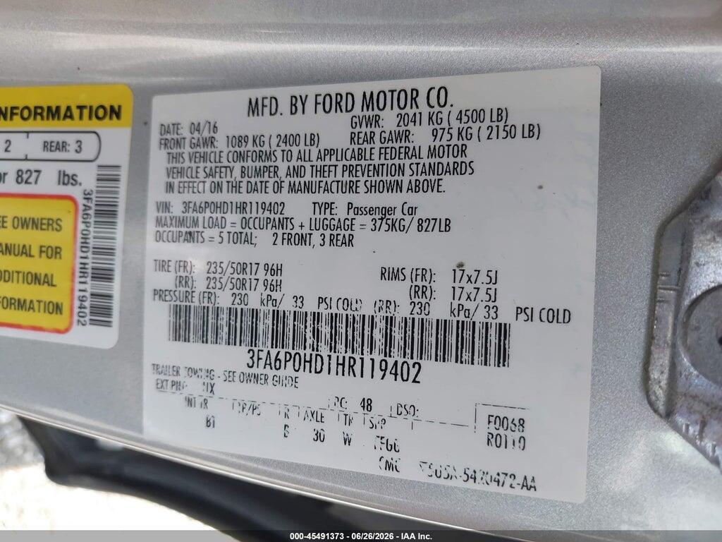 3FA6P0HD1HR119402 2017 FORD FUSION photo no. 9