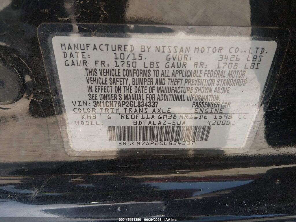 3N1CN7AP2GL834337 2016 NISSAN VERSA photo no. 9