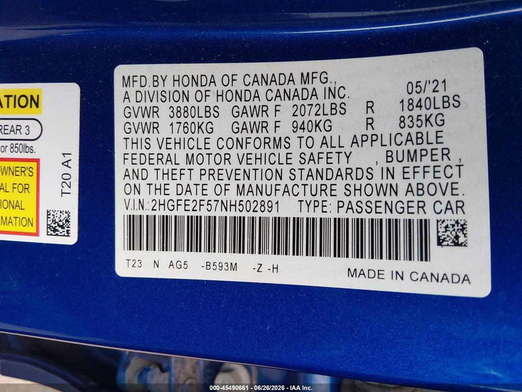 2HGFE2F57NH502891 2022 HONDA CIVIC photo no. 9