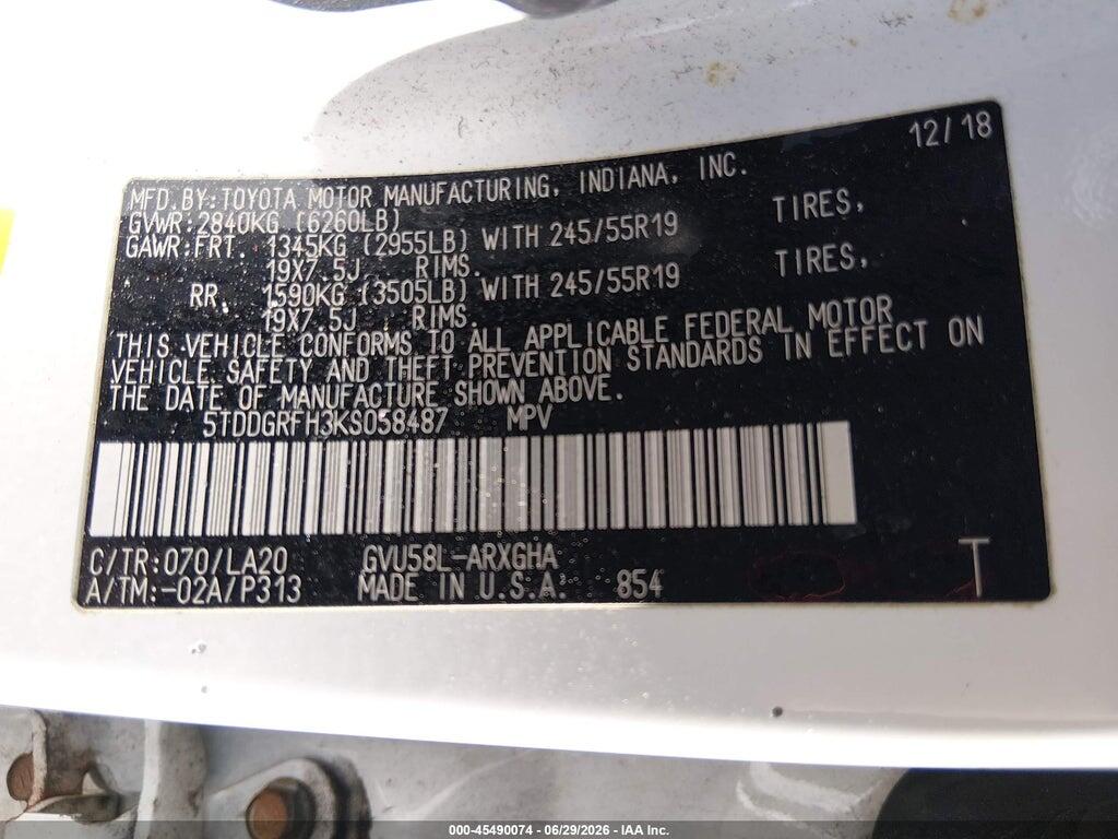 5TDDGRFH3KS058487 2019 TOYOTA HIGHLANDER HYBRID photo no. 9