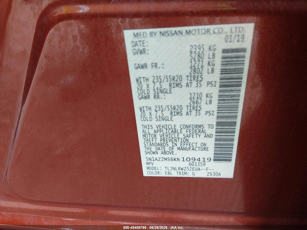 5N1AZ2MS6KN109419 2019 NISSAN MURANO photo no. 9