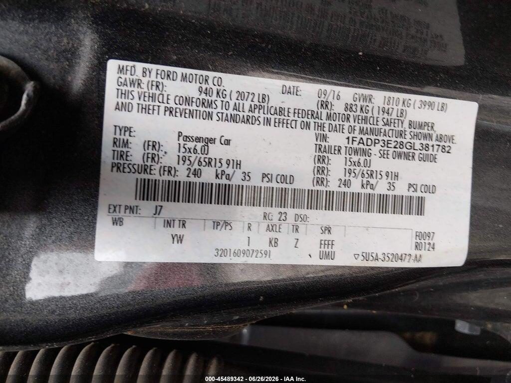 1FADP3E28GL381782 2016 FORD FOCUS photo no. 9
