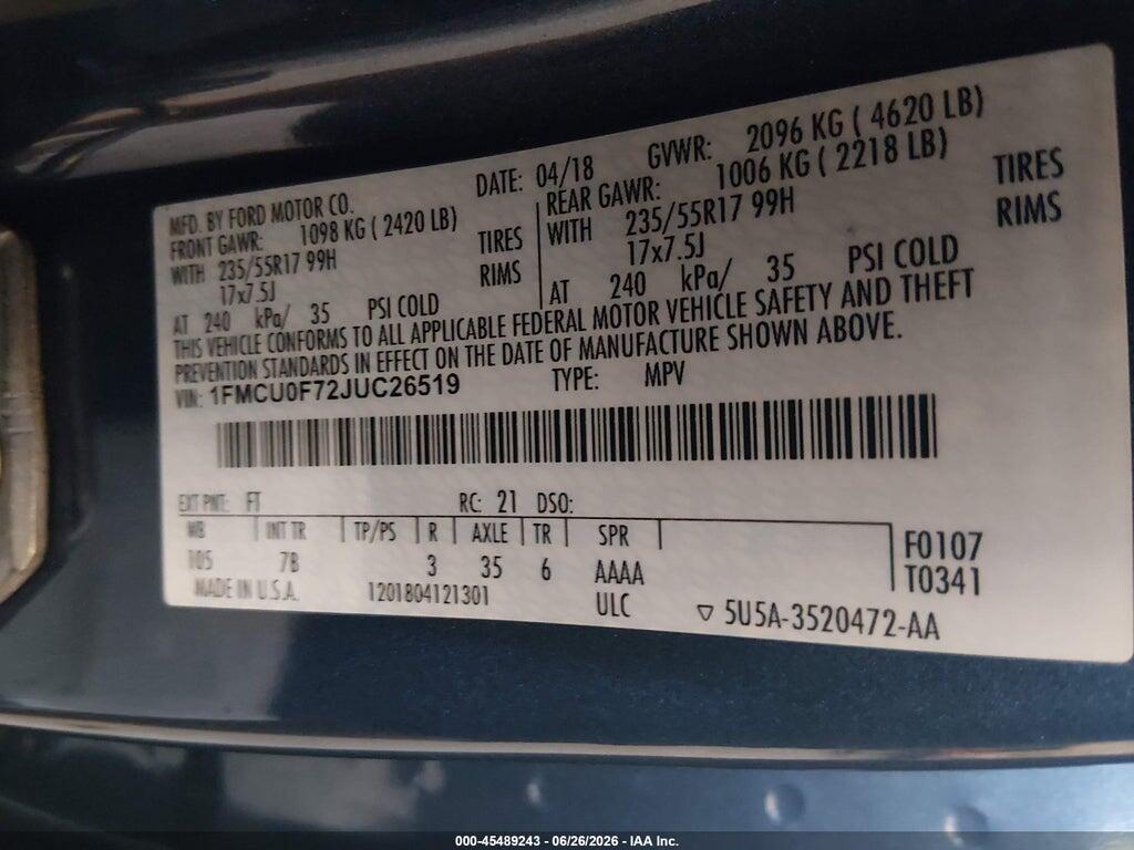 1FMCU0F72JUC26519 2018 FORD ESCAPE photo no. 9