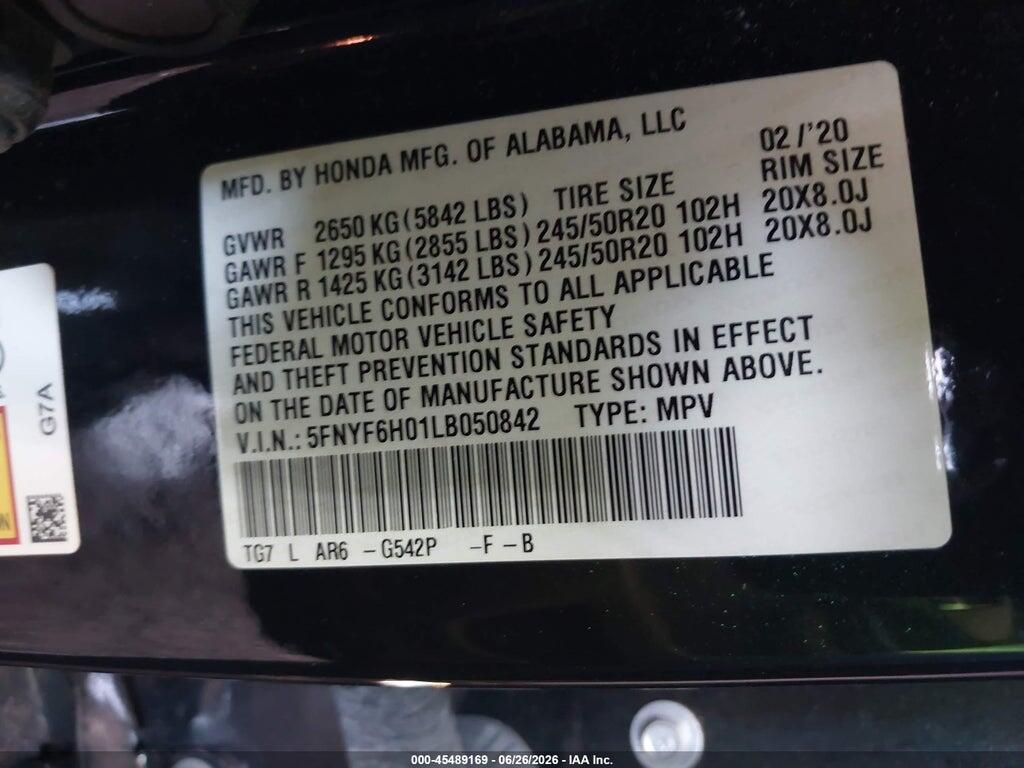 5FNYF6H01LB050842 2020 HONDA PILOT photo no. 9