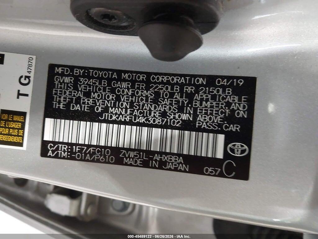 JTDKARFU4K3087102 2019 TOYOTA PRIUS photo no. 9