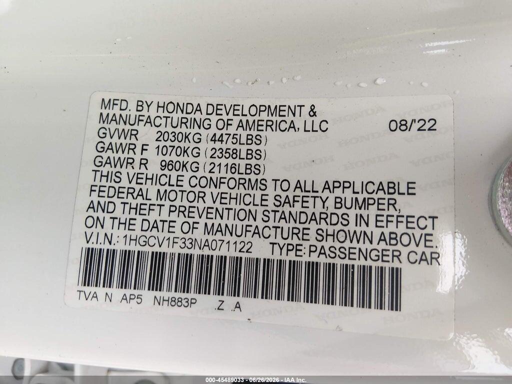 1HGCV1F33NA071122 2022 HONDA ACCORD photo no. 9