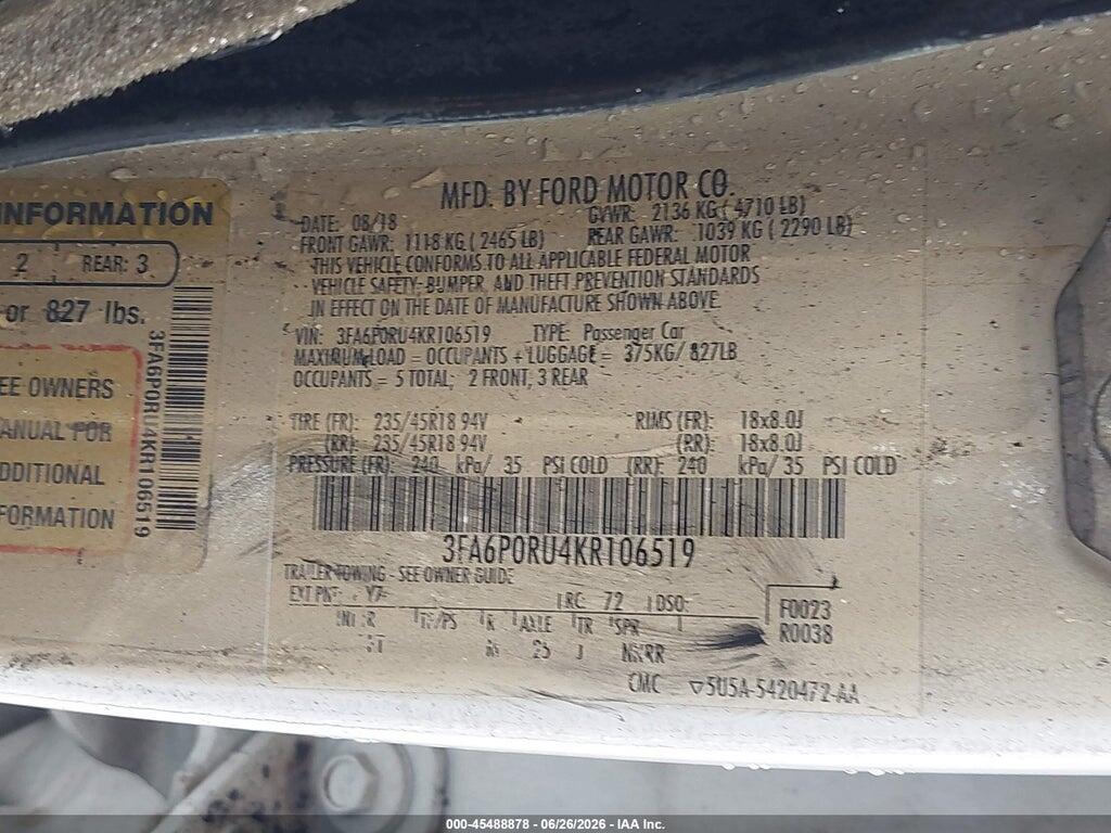 3FA6P0RU4KR106519 2019 FORD FUSION HYBRID photo no. 9