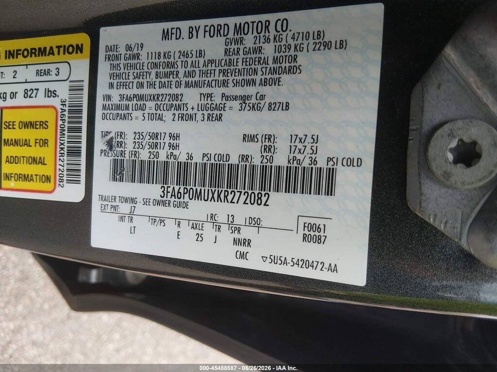 3FA6P0MUXKR272082 2019 FORD FUSION HYBRID photo no. 9