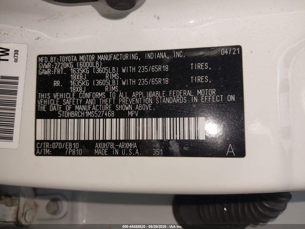 5TDHBRCH1MS527468 2021 TOYOTA HIGHLANDER photo no. 9