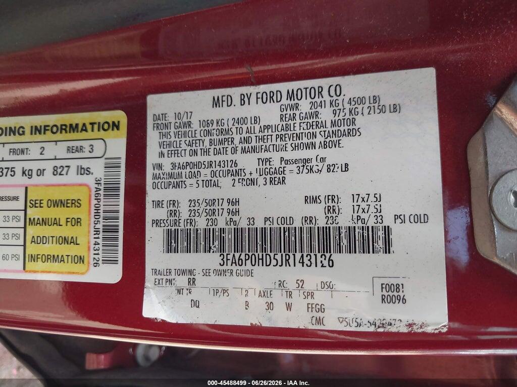 3FA6P0HD5JR143126 2018 FORD FUSION photo no. 9