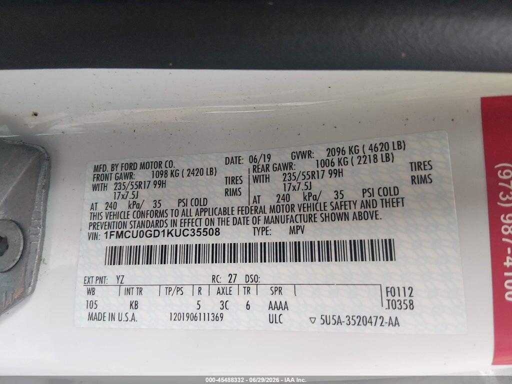 1FMCU0GD1KUC35508 2019 FORD ESCAPE photo no. 9