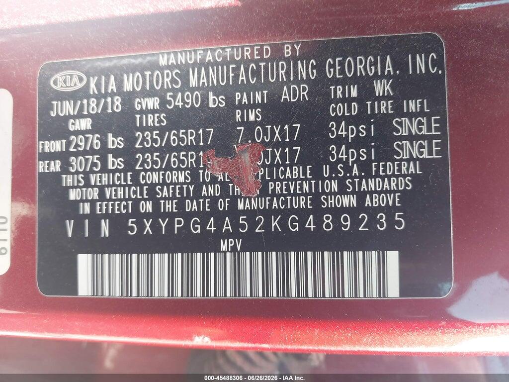 5XYPG4A52KG489235 2019 KIA SORENTO photo no. 9