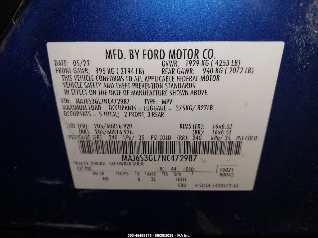 MAJ6S3GL7NC472987 2022 FORD ECOSPORT photo no. 9