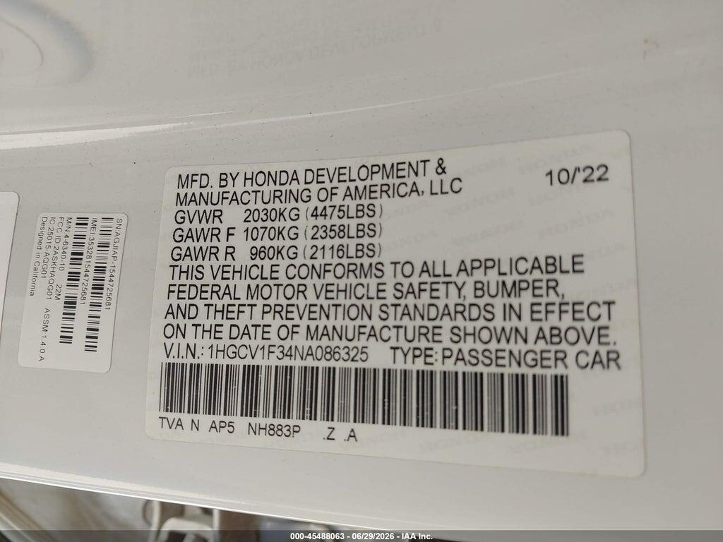 1HGCV1F34NA086325 2022 HONDA ACCORD photo no. 9