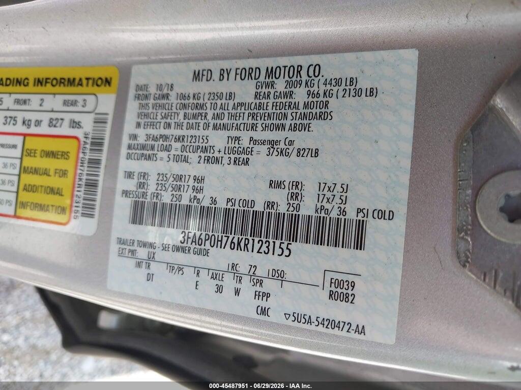 3FA6P0H76KR123155 2019 FORD FUSION photo no. 9