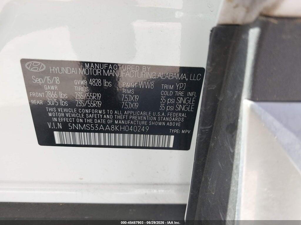 5NMS53AA8KH040249 2019 HYUNDAI SANTA FE photo no. 9