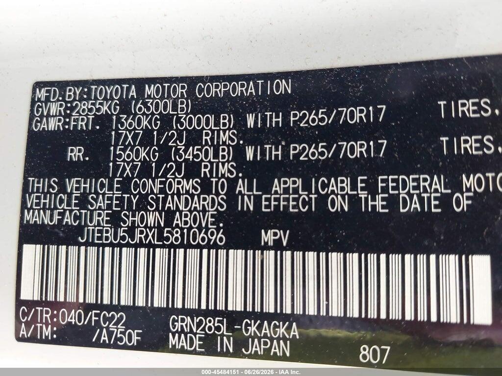 JTEBU5JRXL5810696 2020 TOYOTA 4RUNNER photo no. 9