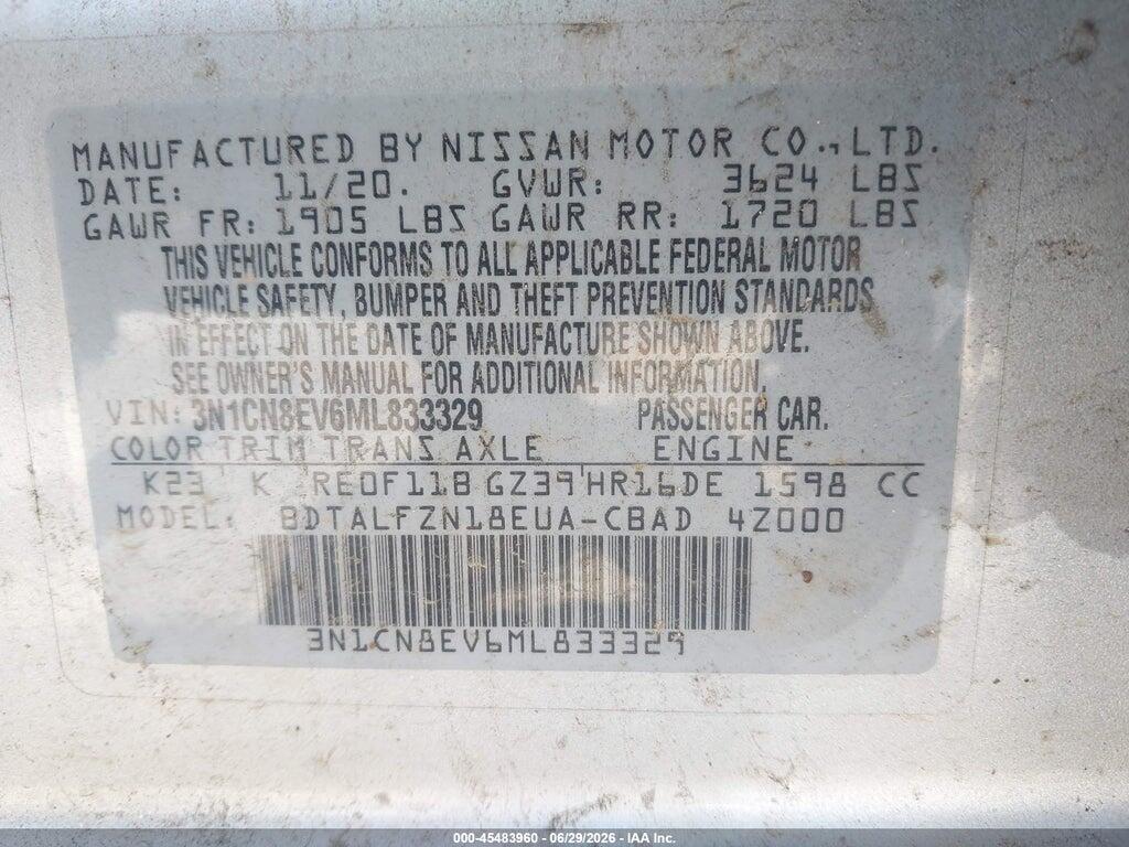 3N1CN8EV6ML833329 2021 NISSAN VERSA photo no. 9